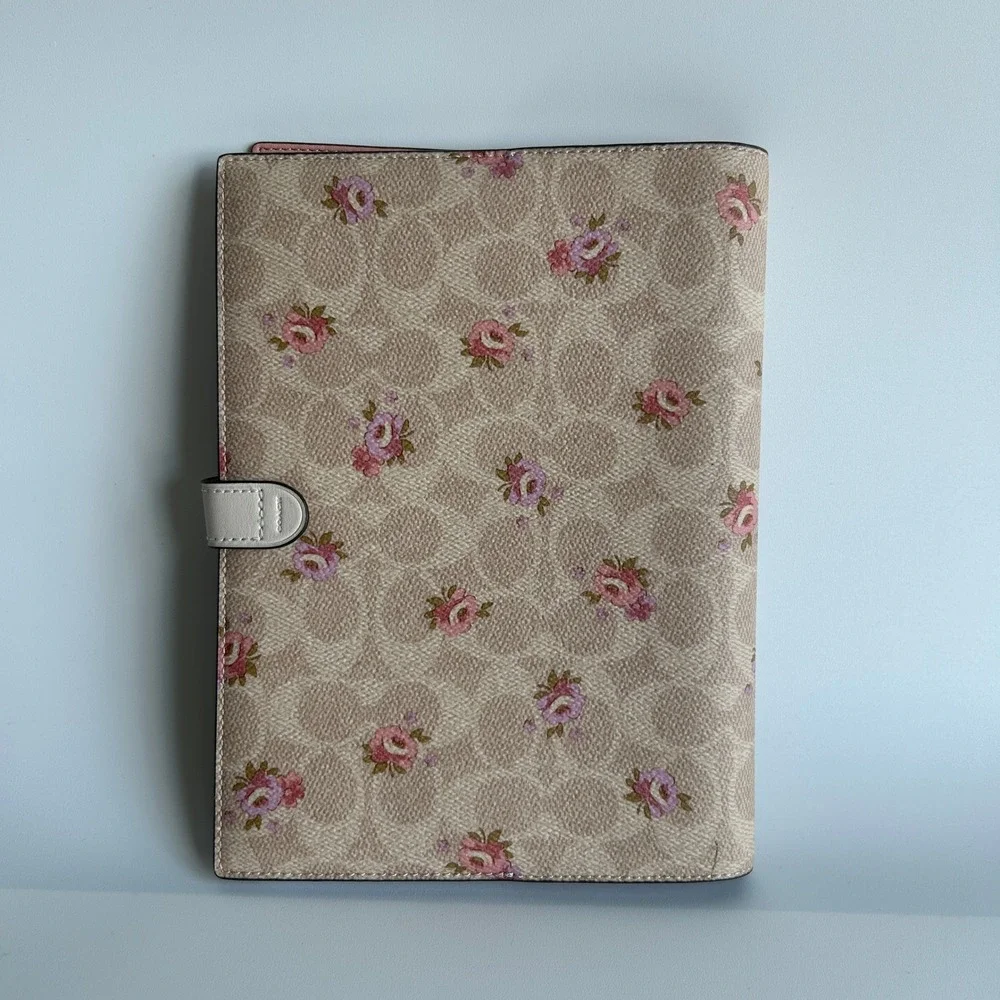 Coach Notebook Signature Canvas Floral Print Khaki Pink Leather Cover CA058